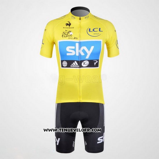2012 Maillot Ciclismo Sky Lider Azur et Jaune Manches Courtes et Cuissard
